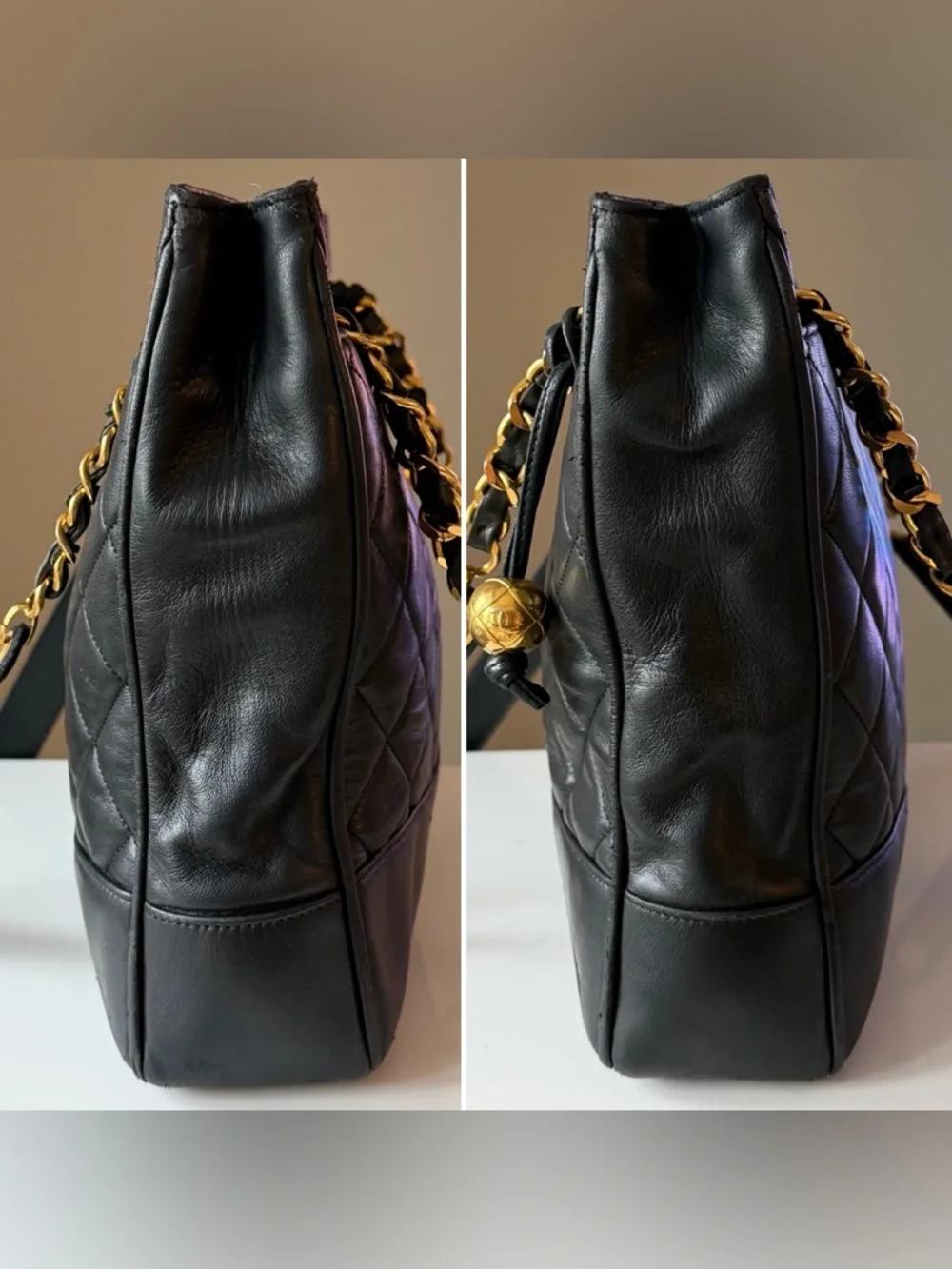 Chanel Vintage Quilted Lambskin Slit Pocket Shoulder Tote Black Gold Chain Charm